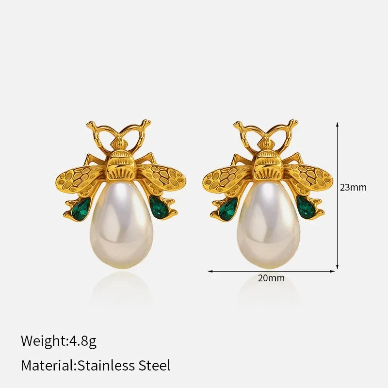 Sweet Elegance: Why These Gold Honey Bee Pearl & Emerald Crystal Stud Earrings Are Your Next Everyday Obsession